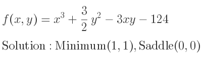 The f(x,y)=x^3+3/2 y^2-3xy-124 is Minimum(1,1),Saddle(0,0)